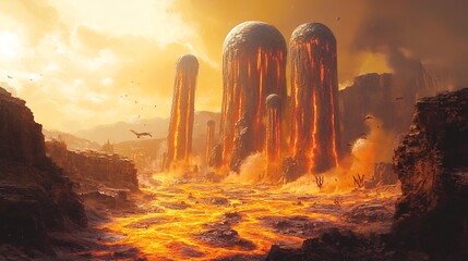 Concept art of volcanic planet with lava rivers towering magma pillars and alien creatures adapted to extreme heat