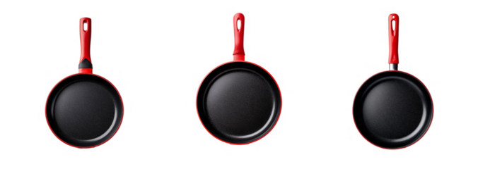 Set of three black frying pans with red handles isolated on a transparent background, suitable for cooking and kitchen concepts
