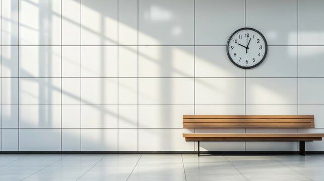 Minimal train station clock on a clean white wall, soft natural light, extensive blank space for text or design, No logo, No Trademark, No text