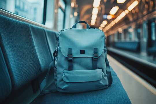 Single travel backpack placed on an empty train seat, minimalistic setting with soft light, ample copy space around, No logo, No Trademark, No text