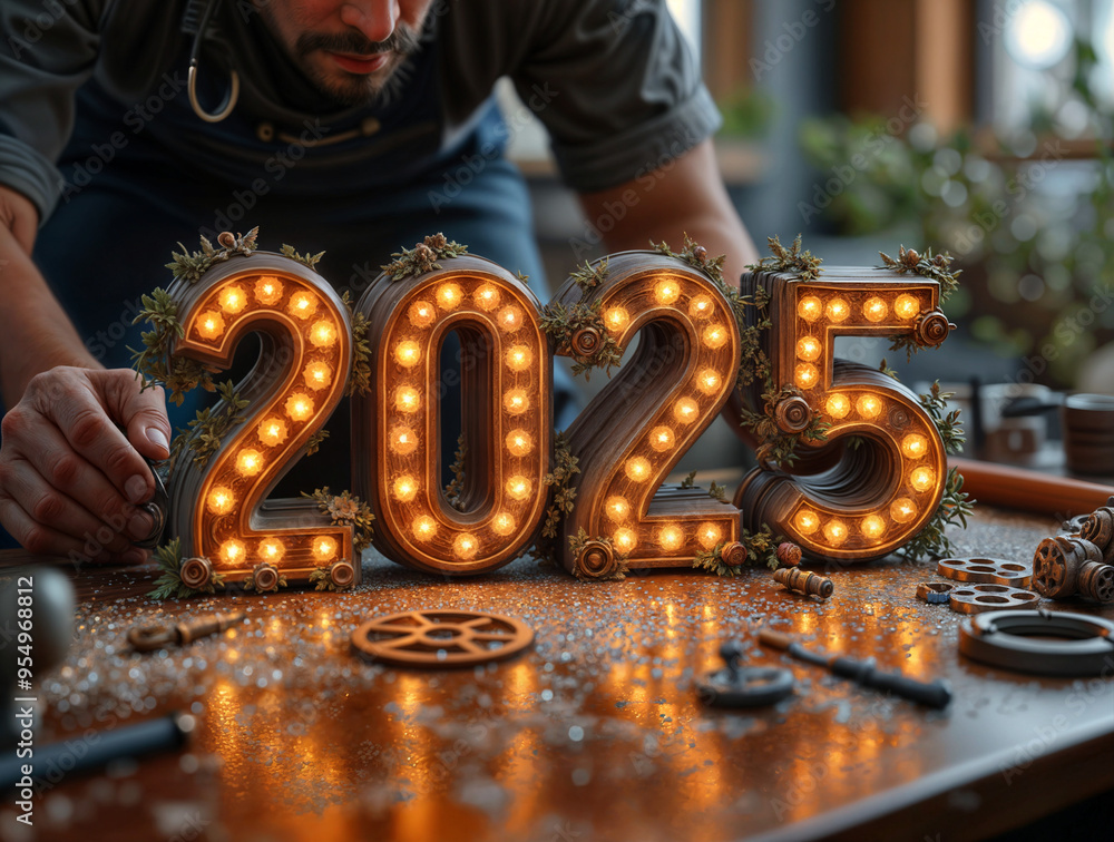 Poster master creates numbers 2025 in steampunk style on dark background with light bulbs. generative ai