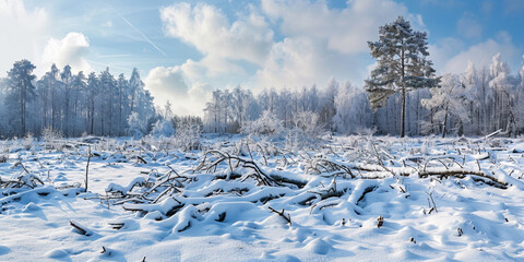 A sunset in the forest in winter with cloud sky backgound 