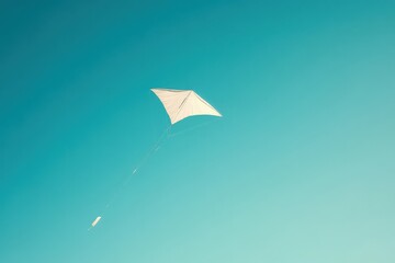 Single kite flying in a clear blue sky, minimalistic scene with large blank space, soft natural light, No logo, No Trademark, No text