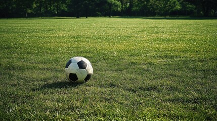 A lone soccer ball on a grassy park field, minimal outdoor setting with ample copy space around the object, No logo, No Trademark, No text
