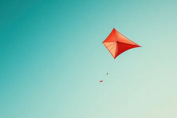 Single kite flying in a clear blue sky, minimalistic scene with large blank space, soft natural light, No logo, No Trademark, No text