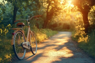 Fototapeta premium Simple family bicycle on a clean path, soft sunlight filtering through trees, large empty space for text, No logo, No Trademark, No text
