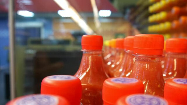 Close-up of a male hand taking hot sauce bottle in a grocery store