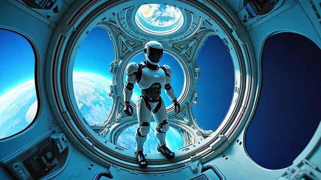 Futuristic Robot in Spacecraft Interior with Earth View Through Window
