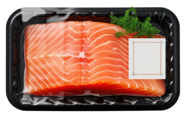 PNG Sealable black plastic tray with salmon and blank label mockup packaging seafood accessories vegetable.