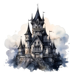 Watercolor Illustration of a Majestic Castle on a Hilltop Amidst Clouds