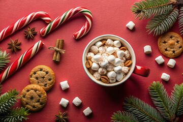 Flat lay of a cozy cup of hot chocolate topped with marshmallows