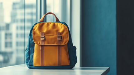 Minimal backpack on a clean white table, soft morning light, ample copy space around for text or design, No logo, No Trademark, No text