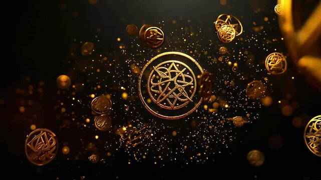 Ancient Golden Alchemical Symbols and Runes Floating on Black Background