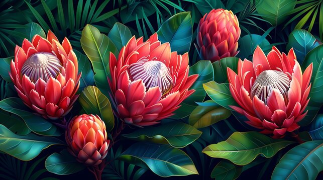 Vibrant red protea flowers bloom amidst lush tropical foliage.