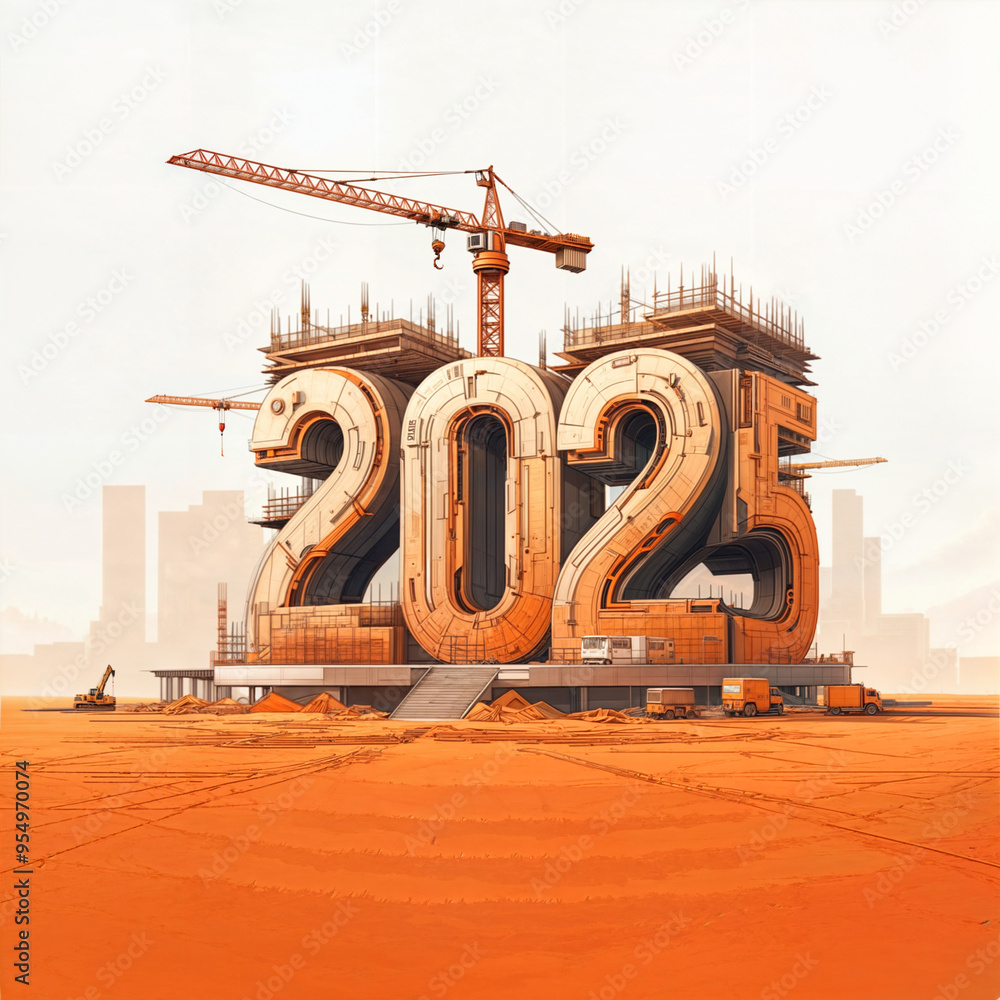 Poster numbers 2025 hand sketched in the form of a construction site on a white background. generative ai