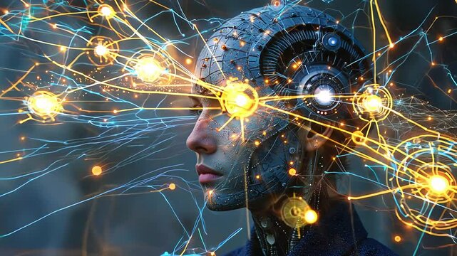 A detailed portrait of a woman with cybernetic implants, illuminated with glowing lights, symbolizing the fusion of human and machine in a futuristic world