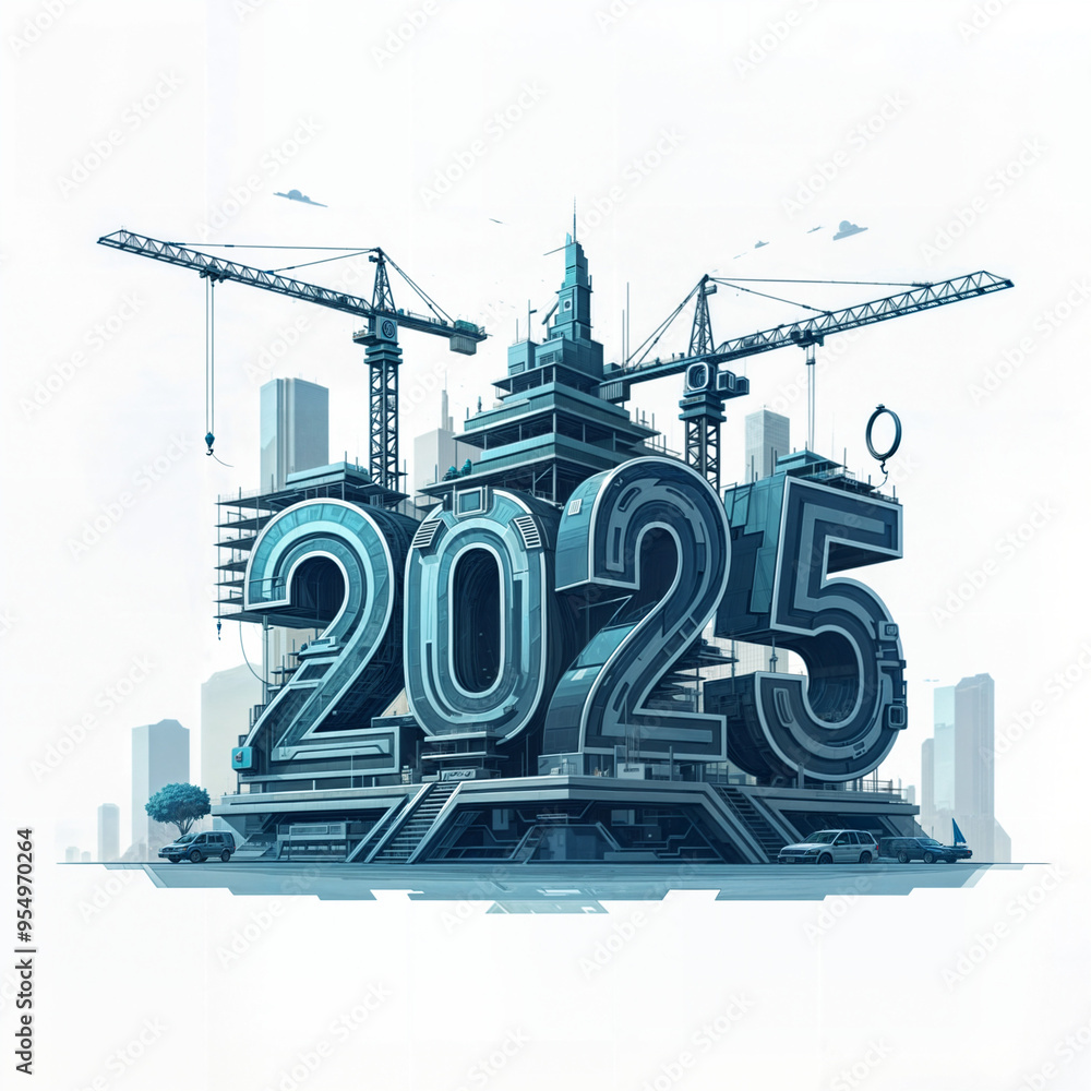 Poster numbers 2025 hand sketched in the form of a construction site on a white background. generative ai