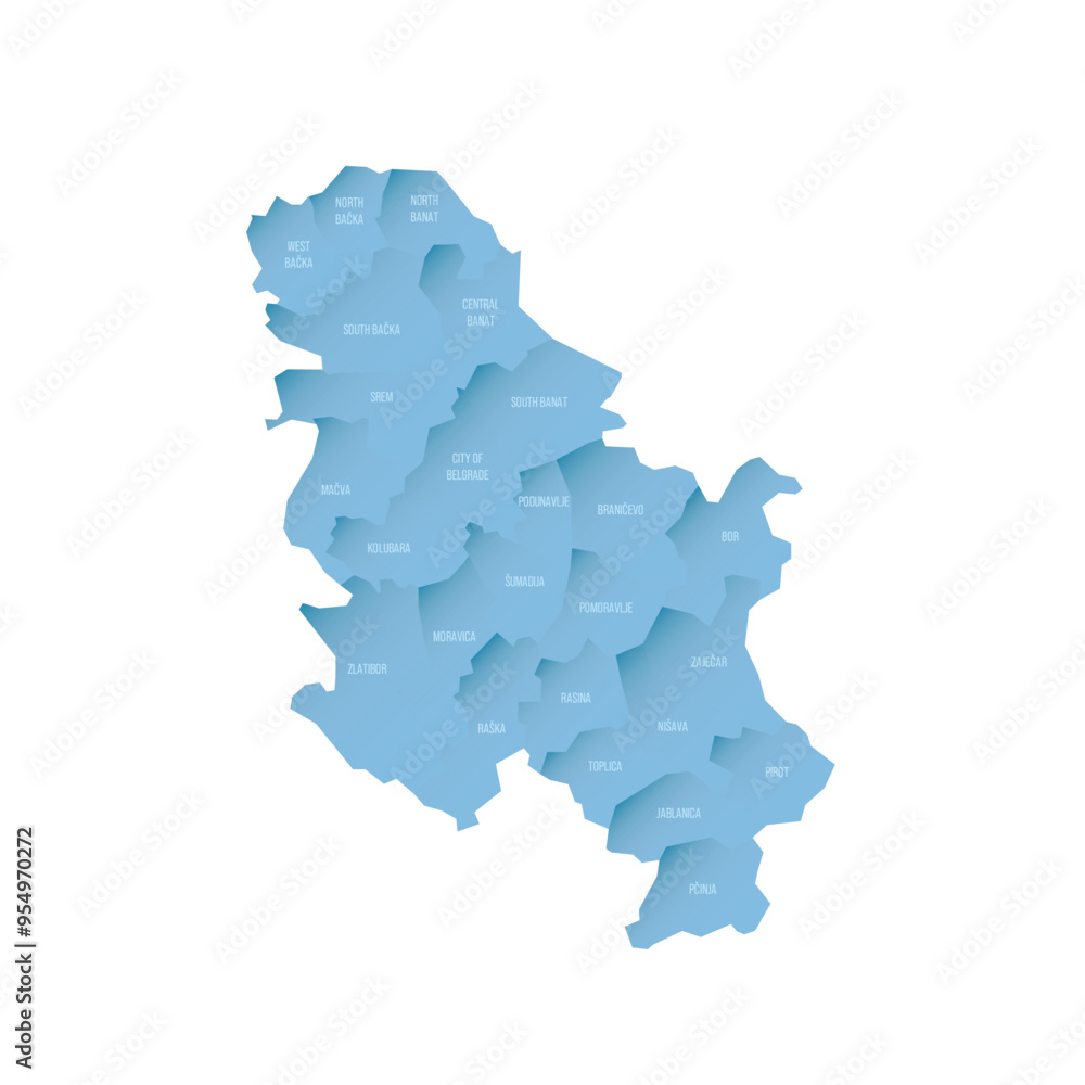 Wall mural serbia political map of administrative divisions - okrugs and autonomous city of belgrade. shaded ve