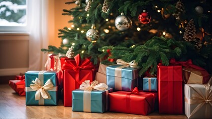 wrapped Christmas gifts with shiny ribbons and bows stacked under a evergreen tree in a cozy living room