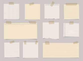 Vector set of different realistic papers with adhesive tapes and shadow on transparent background.