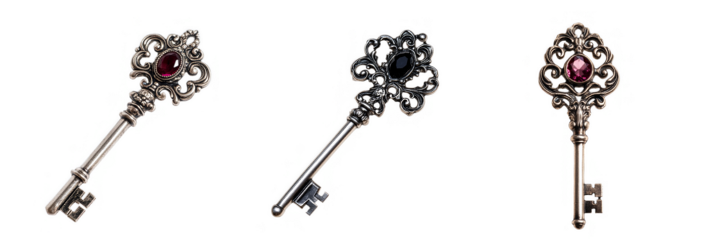 Set of three ornate antique keys with gems isolated on a transparent background, representing mystery and treasure hunting