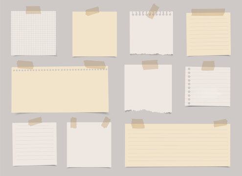 Vector set of different realistic papers with adhesive tapes and shadow on transparent background.