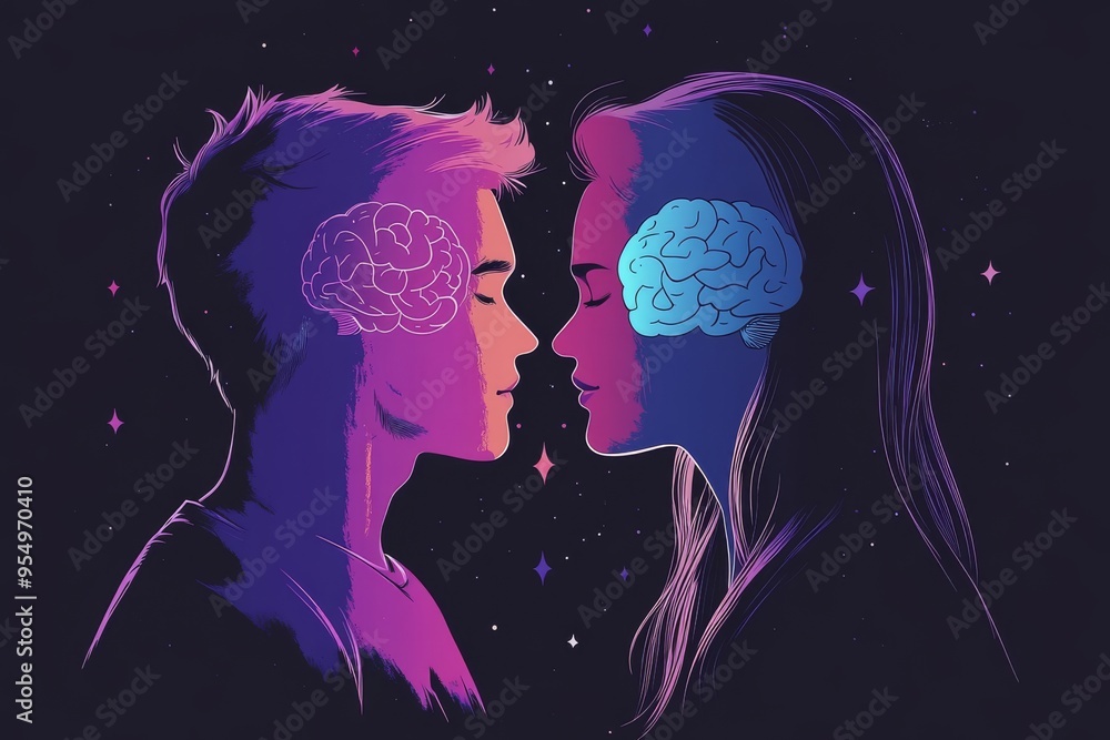 Poster neurodegeneration sentient stylized illustration of a couple facing each other with glowing brain vi