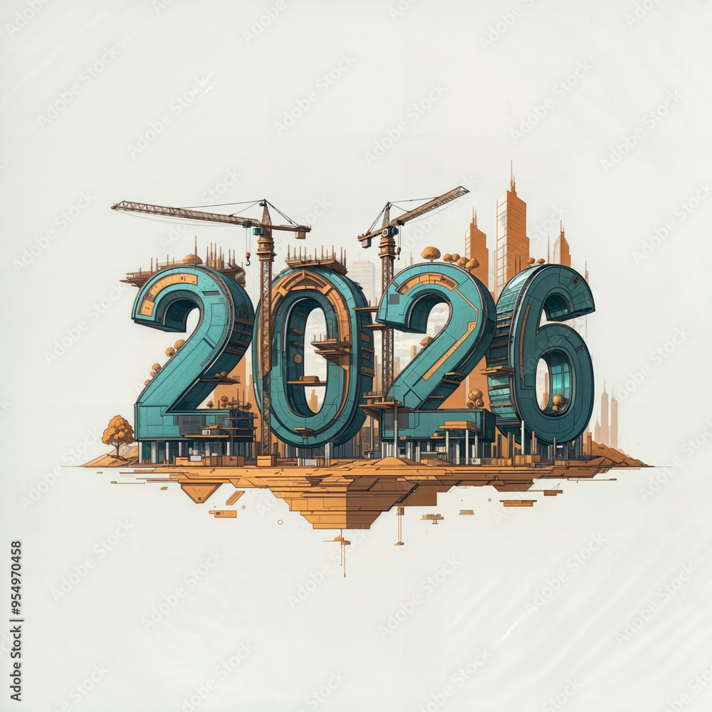 Poster numbers 2026 hand sketched in the form of a construction site on a white background. generative ai