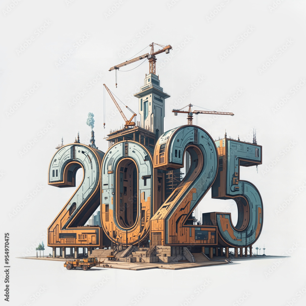 Poster numbers 2025 hand sketched in the form of a construction site on a white background. generative ai
