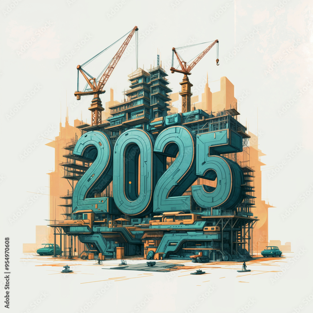 Poster numbers 2025 hand sketched in the form of a construction site on a white background. generative ai