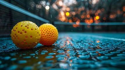 Fototapeta premium Two yellow tennis balls sit on a wet tennis court with rain falling.