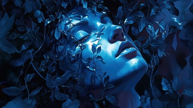 Blue Serenity - A Woman's Face Emerging From Foliage