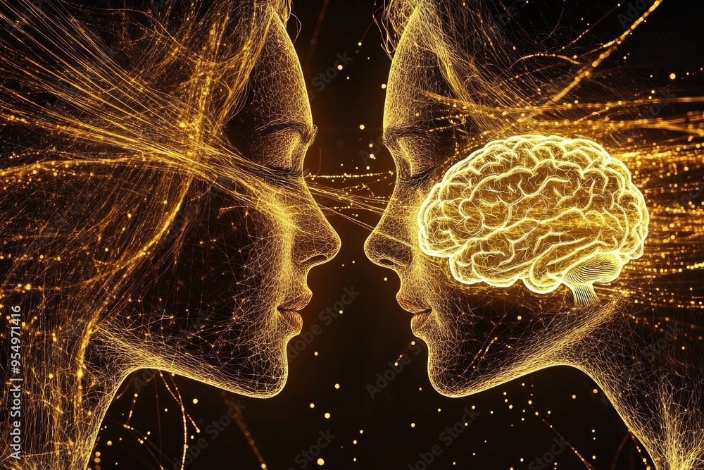 Poster huntingtons disease sentient abstract digital art of a couple with glowing brain patterns symbolizin