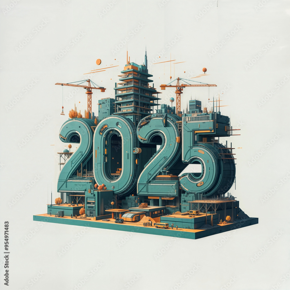 Poster numbers 2026 hand sketched in the form of a construction site on a white background. generative ai
