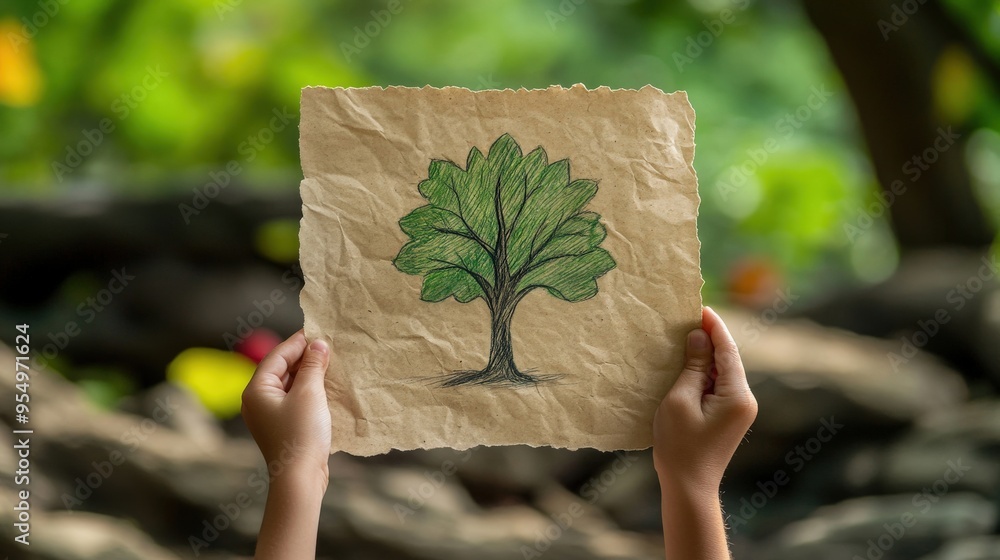 Wall mural simple drawing of a tree by a childâ€™s hand on recycled paper, minimal scene with ample copy space 