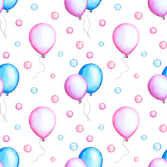 Seamless pattern with air balloons, watercolor illustration