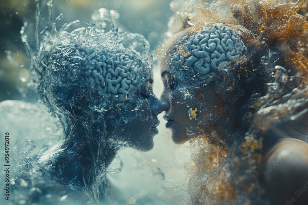 Poster multiple sclerosis sentient futuristic depiction of two humanoid figures with brain patterns symboli