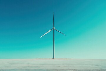 Single wind turbine against a clear blue sky, minimalistic scene with large blank space surrounding, No logo, No Trademark, No text