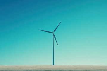 Single wind turbine against a clear blue sky, minimalistic scene with large blank space surrounding, No logo, No Trademark, No text