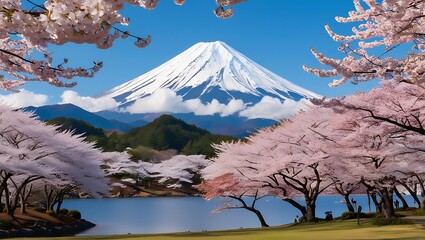 Capture the breathtaking beauty of Japan&rsquo;s iconic Mount Fuji, framed by a spectacular display of cherry blossoms in full bloom.