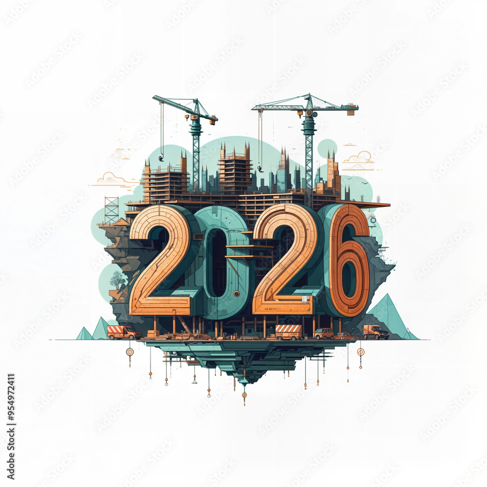 Poster numbers 2026 hand sketched in the form of a construction site on a white background. generative ai