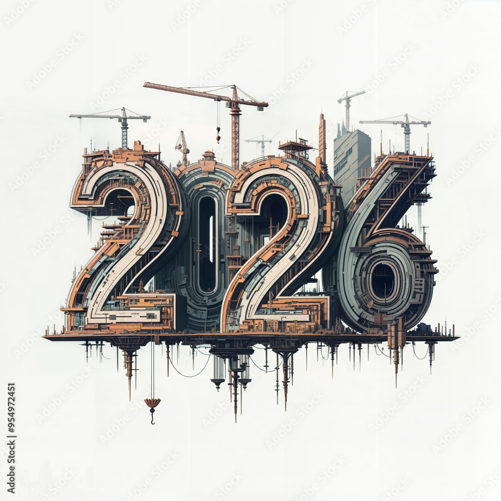 Poster numbers 2026 hand sketched in the form of a construction site on a white background. generative ai
