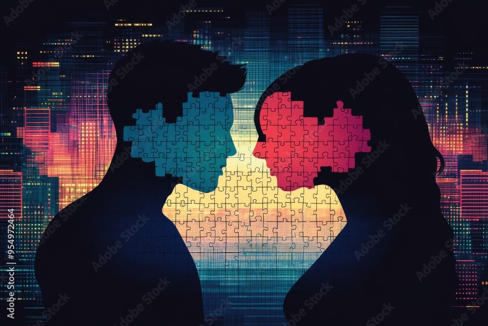 Poster ms sentient digital illustration of two profiles with puzzle piece brains representing the interacti