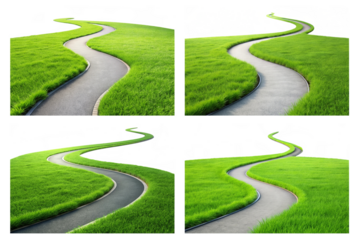 Set of winding asphalt path through green grass png.