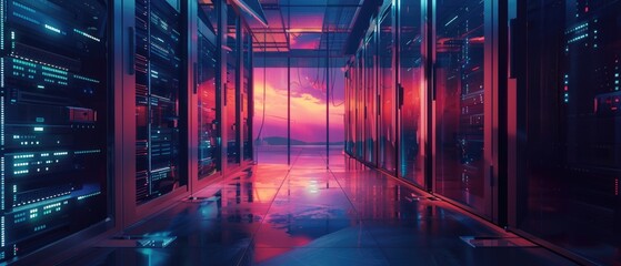 Obraz premium Neon-Lit Server Room With A View