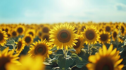 Fototapeta premium Close-up View of a Sunflower in a Field of Sunflowers