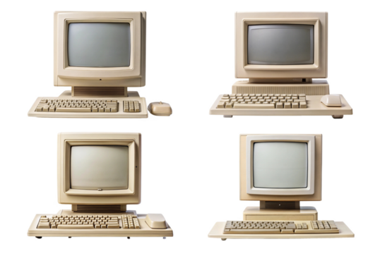 Set of vintage desktop computer with blank screen png - Powered by Adobe