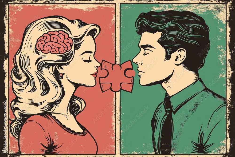 Aufkleber frontotemporal dementia sentient retro style illustration of a couple with puzzle pieces for brains 
