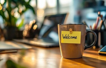 cup of coffee with a "Welcome" note on it, placed on an office desk with soft lighting.