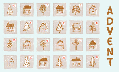 Obraz premium Whimsical Advent Calendar cottage door set with 1- 24 numbers for december festive Christmas countdown . Winter holiday social media promotion campaign motif collection.